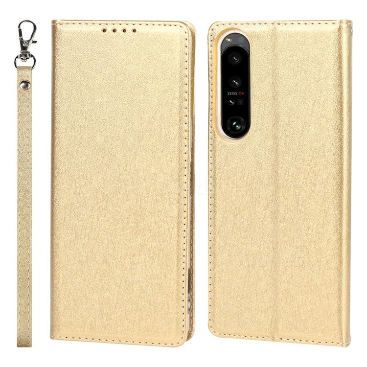Ultra Slim Magnetic Automatic Suction Silk Lanyard Leather Flip Cover for Sony Xperia 1 IV - Golden