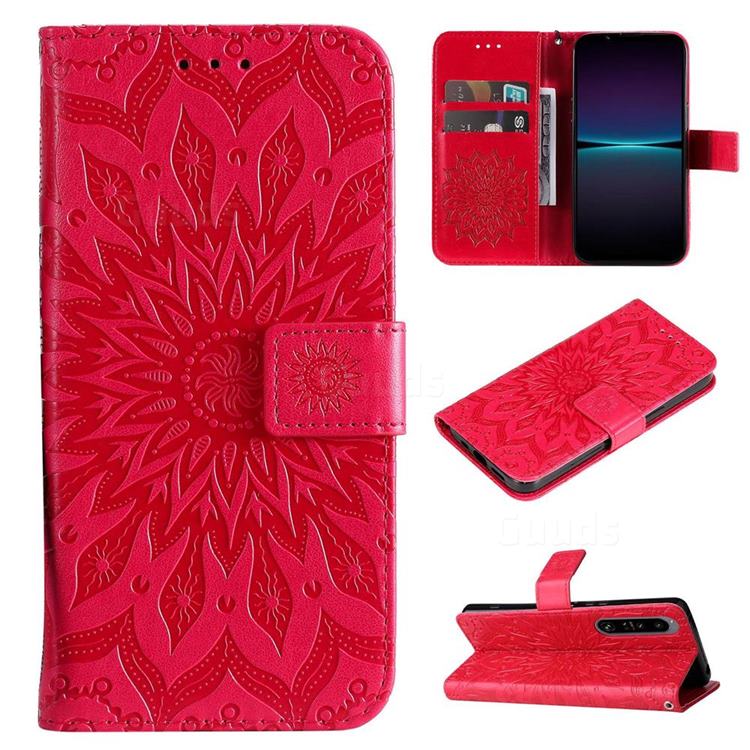 Embossing Sunflower Leather Wallet Case for Sony Xperia 1 IV - Red