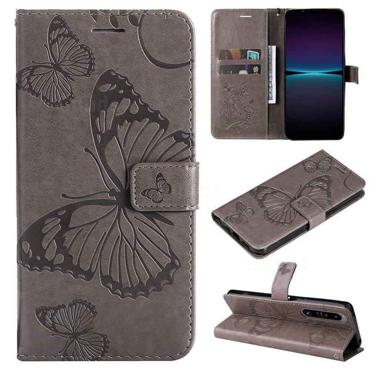 Embossing 3D Butterfly Leather Wallet Case for Sony Xperia 1 IV - Gray
