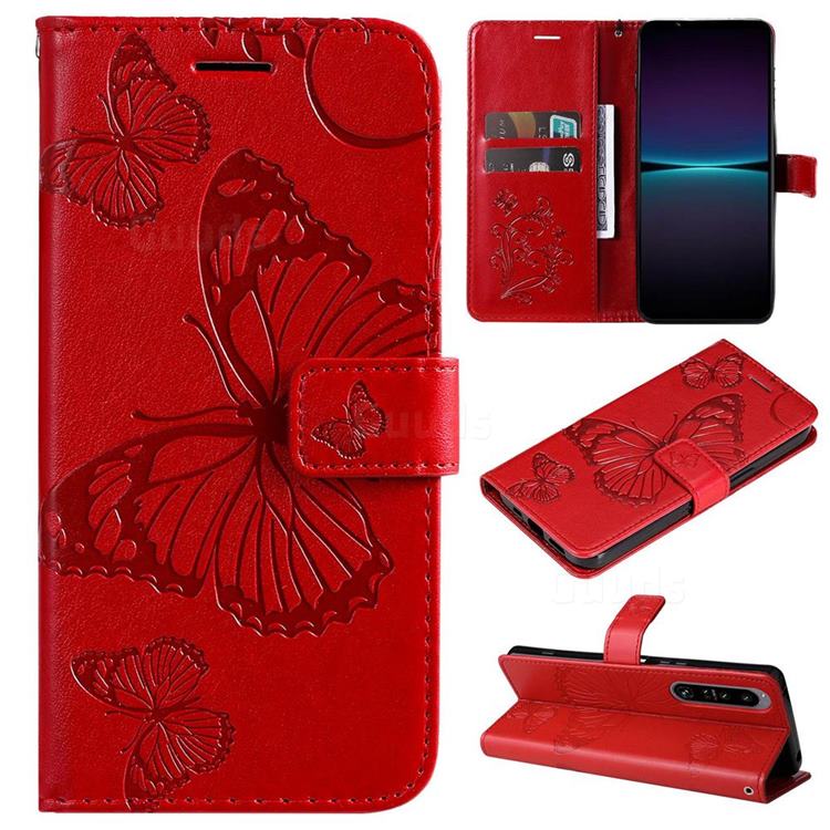Embossing 3D Butterfly Leather Wallet Case for Sony Xperia 1 IV - Red
