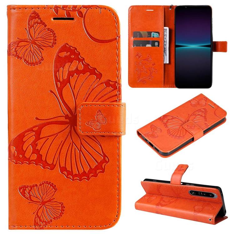 Embossing 3D Butterfly Leather Wallet Case for Sony Xperia 1 IV - Orange