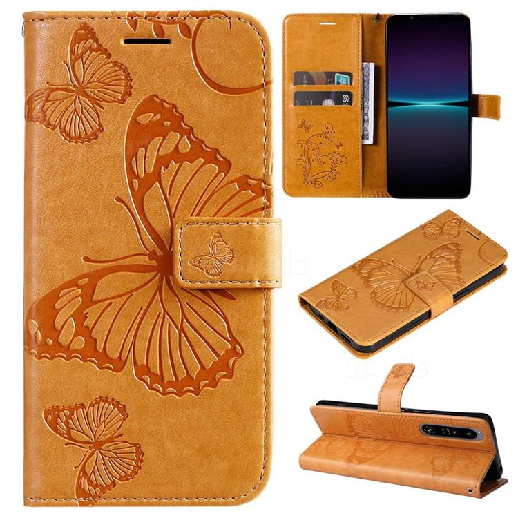 Embossing 3D Butterfly Leather Wallet Case for Sony Xperia 1 IV - Yellow