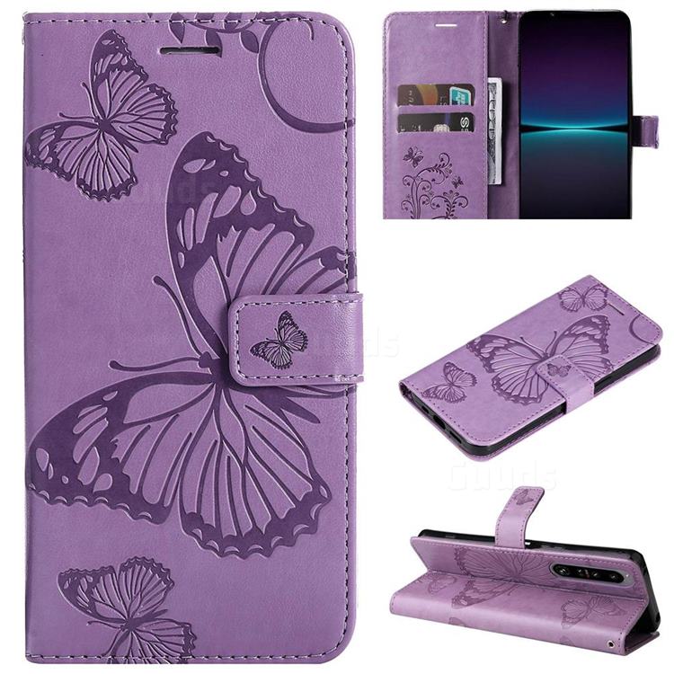 Embossing 3D Butterfly Leather Wallet Case for Sony Xperia 1 IV - Purple