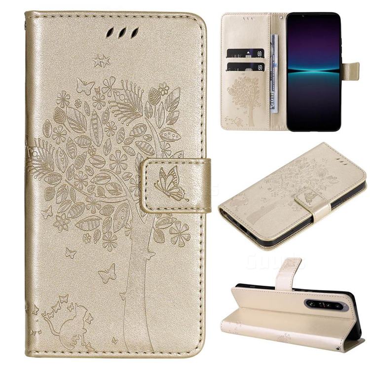 Embossing Butterfly Tree Leather Wallet Case for Sony Xperia 1 IV - Champagne