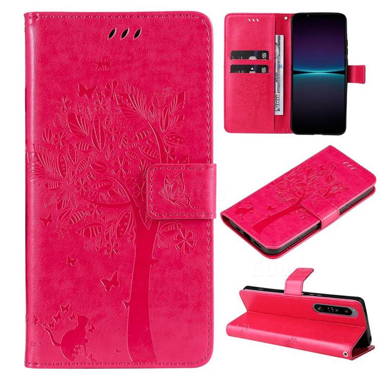 Embossing Butterfly Tree Leather Wallet Case for Sony Xperia 1 IV - Rose