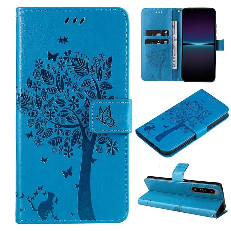 Embossing Butterfly Tree Leather Wallet Case for Sony Xperia 1 IV - Blue
