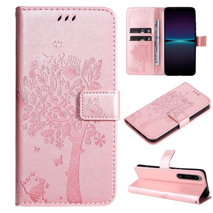 Embossing Butterfly Tree Leather Wallet Case for Sony Xperia 1 IV - Rose Pink