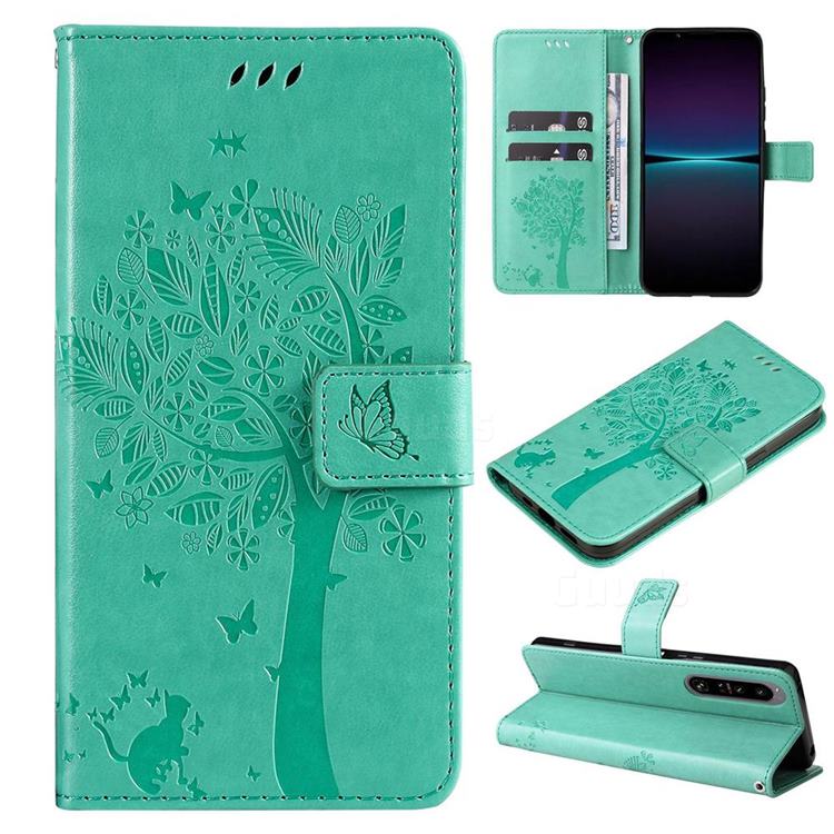 Embossing Butterfly Tree Leather Wallet Case for Sony Xperia 1 IV - Cyan