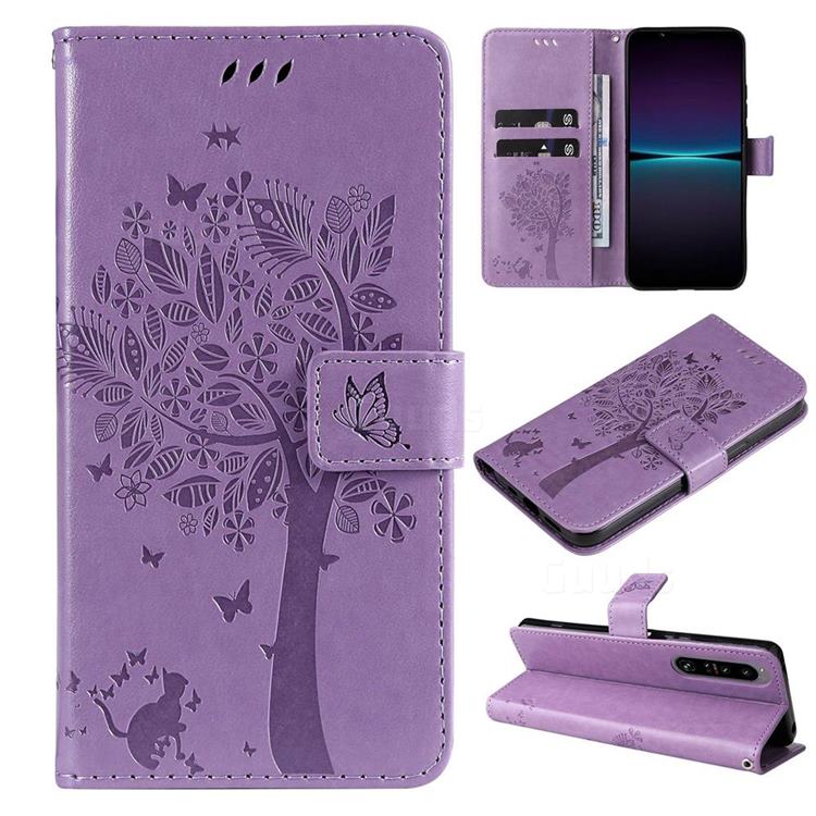 Embossing Butterfly Tree Leather Wallet Case for Sony Xperia 1 IV - Violet