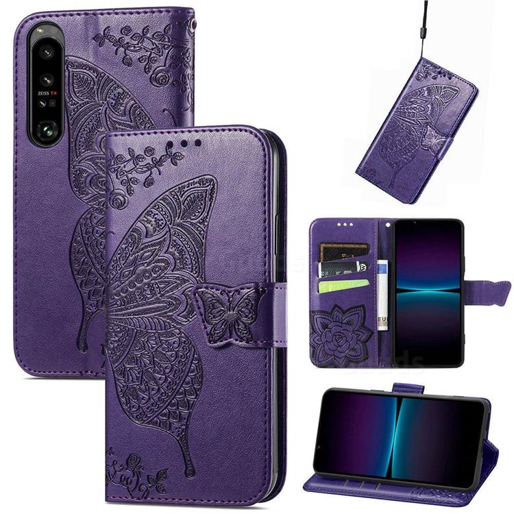 Embossing Mandala Flower Butterfly Leather Wallet Case for Sony Xperia 1 IV - Dark Purple