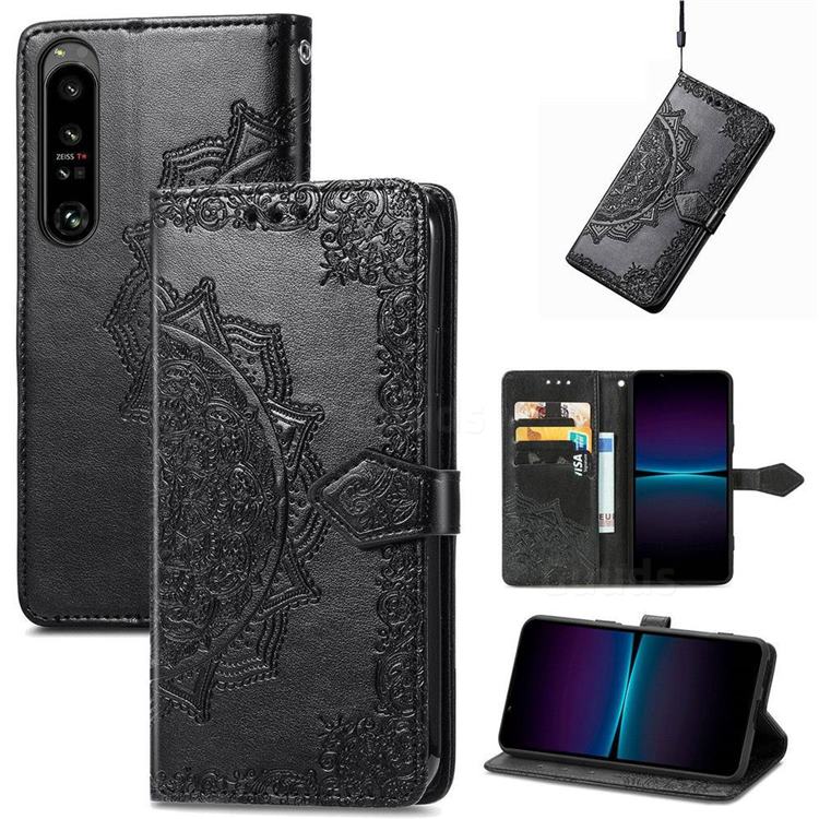 Embossing Imprint Mandala Flower Leather Wallet Case for Sony Xperia 1 IV - Black