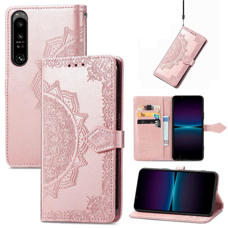 Embossing Imprint Mandala Flower Leather Wallet Case for Sony Xperia 1 IV - Rose Gold