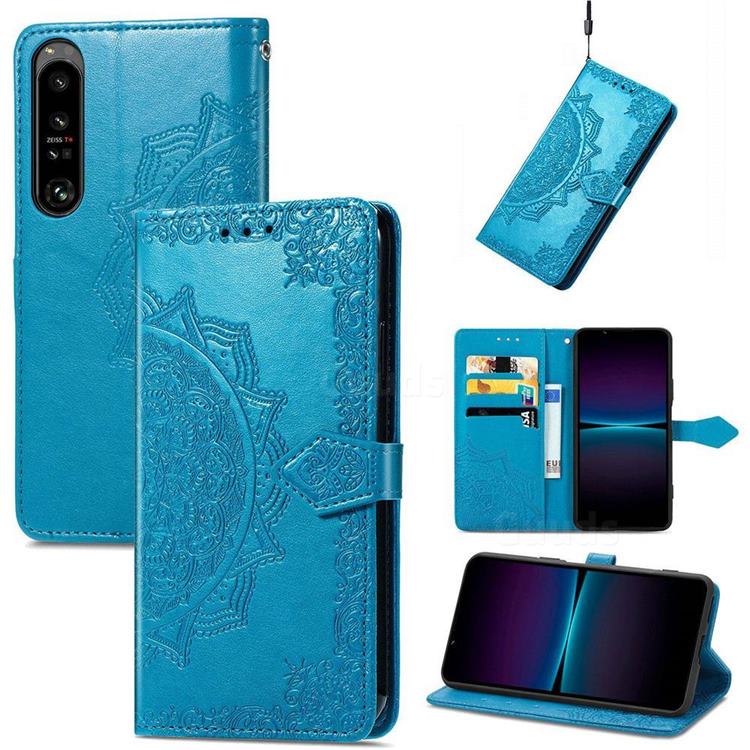 Embossing Imprint Mandala Flower Leather Wallet Case for Sony Xperia 1 IV - Blue