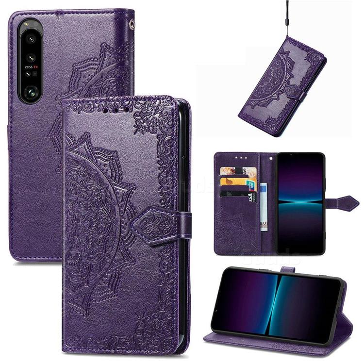 Embossing Imprint Mandala Flower Leather Wallet Case for Sony Xperia 1 IV - Purple