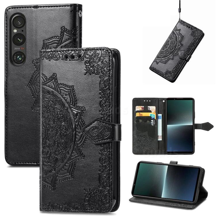 Embossing Imprint Mandala Flower Leather Wallet Case for Sony Xperia 1 V - Black