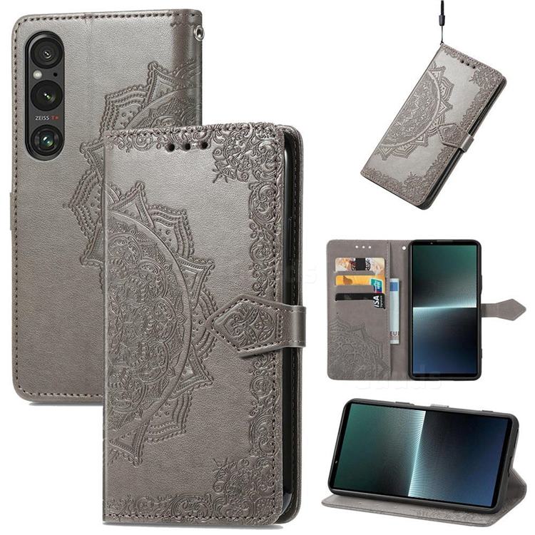 Embossing Imprint Mandala Flower Leather Wallet Case for Sony Xperia 1 V - Gray
