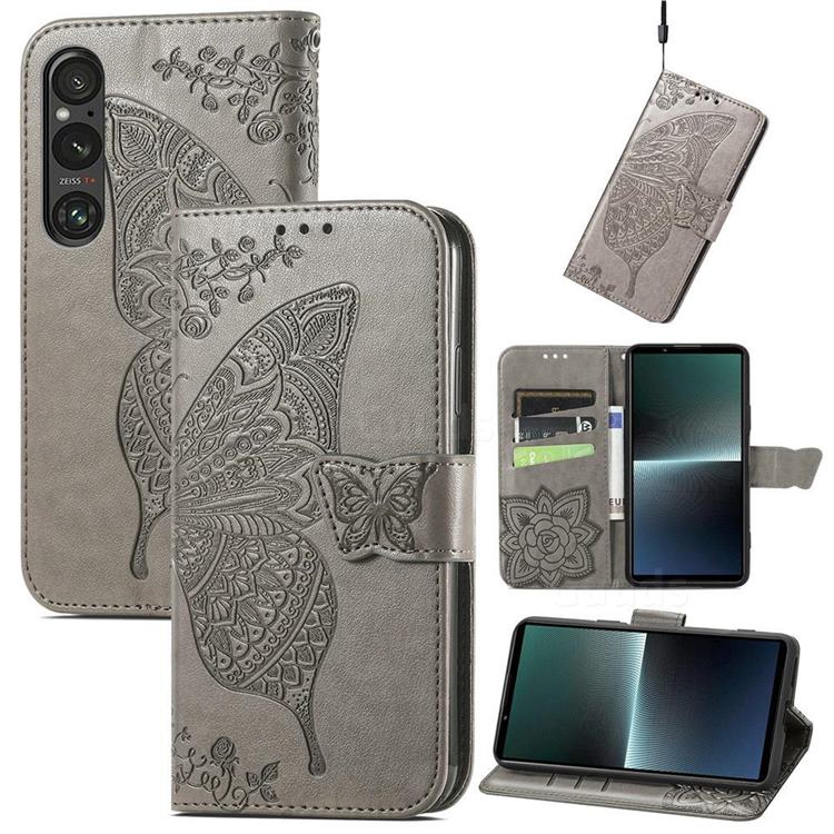 Embossing Mandala Flower Butterfly Leather Wallet Case for Sony Xperia 1 V - Gray