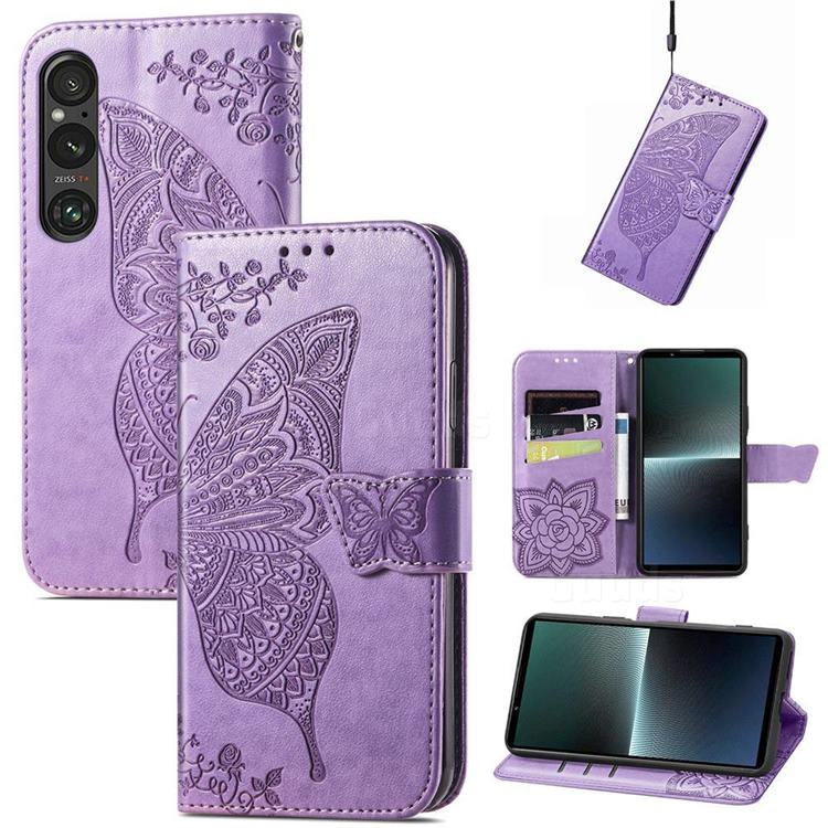Embossing Mandala Flower Butterfly Leather Wallet Case for Sony Xperia 1 V - Light Purple