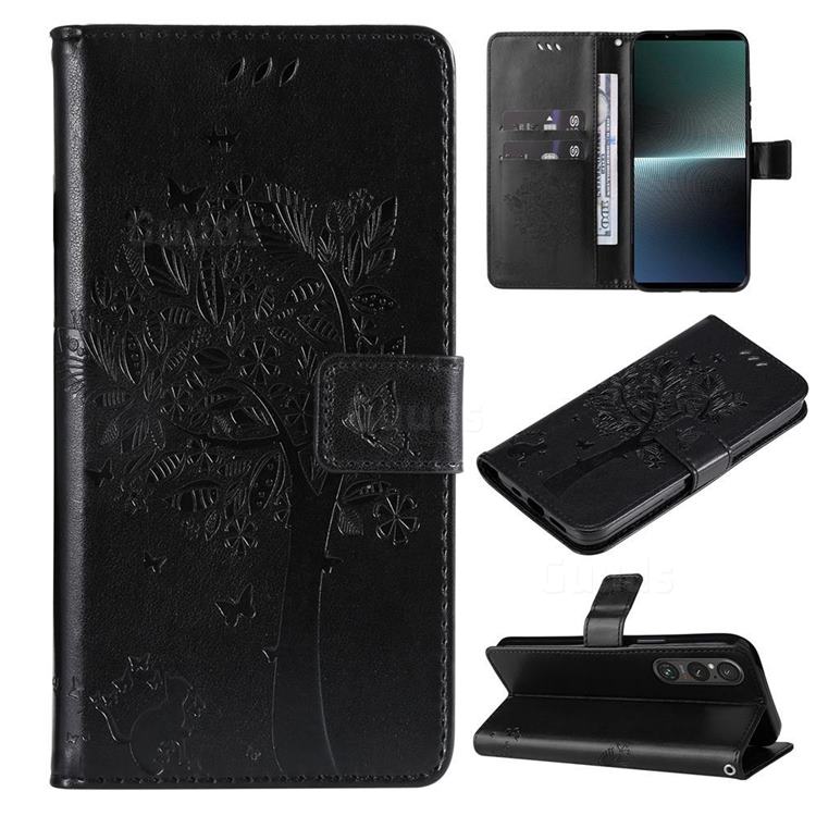 Embossing Butterfly Tree Leather Wallet Case for Sony Xperia 1 V - Black