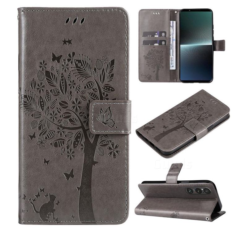 Embossing Butterfly Tree Leather Wallet Case for Sony Xperia 1 V - Grey