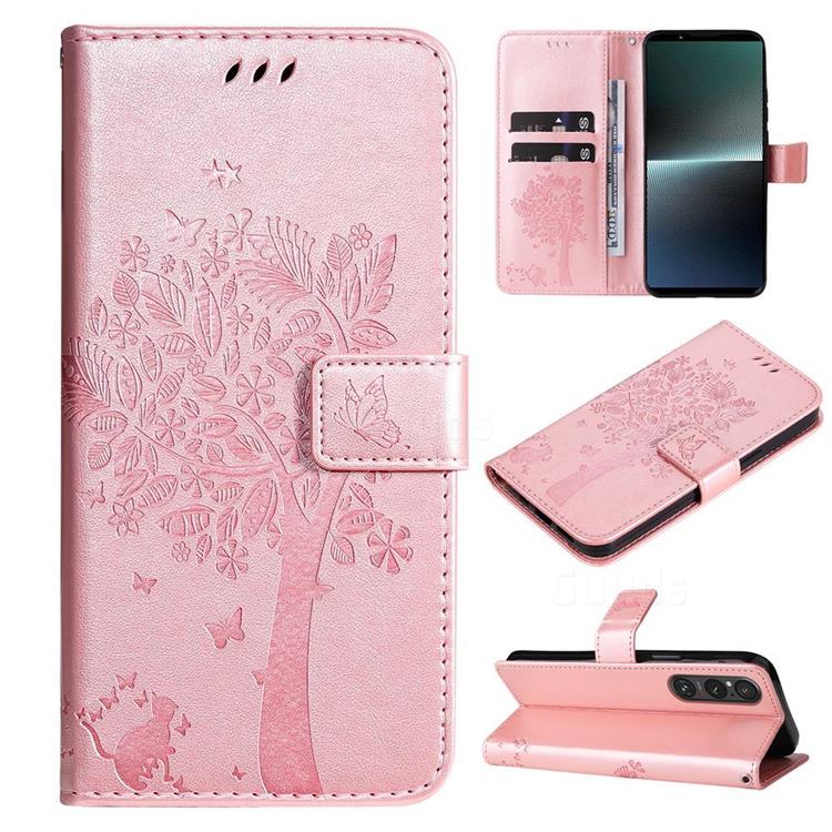 Embossing Butterfly Tree Leather Wallet Case for Sony Xperia 1 V - Rose Pink