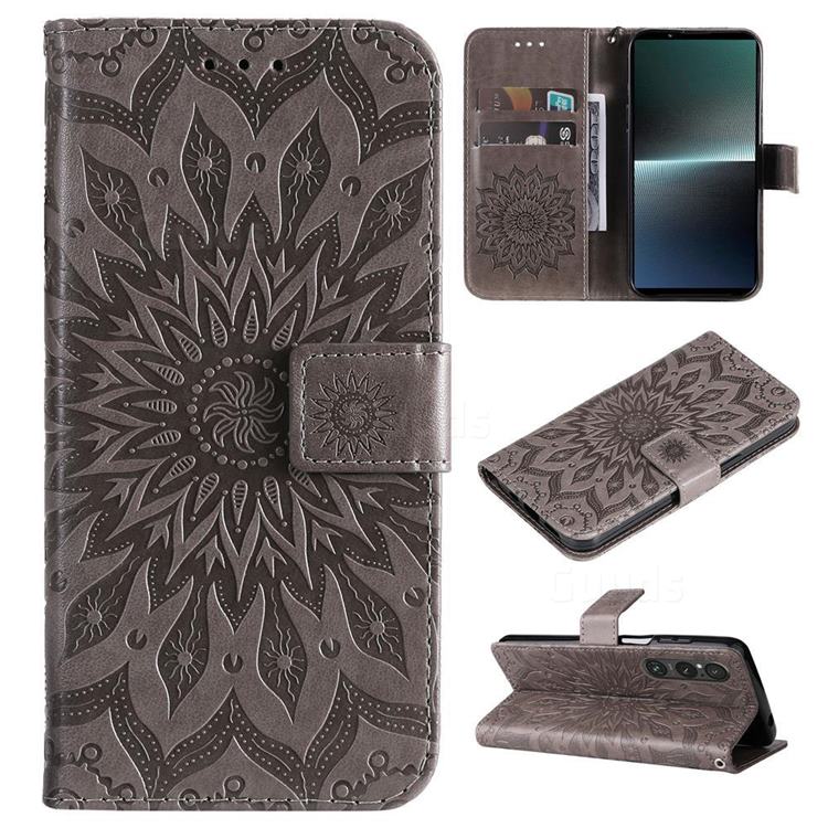 Embossing Sunflower Leather Wallet Case for Sony Xperia 1 V - Gray