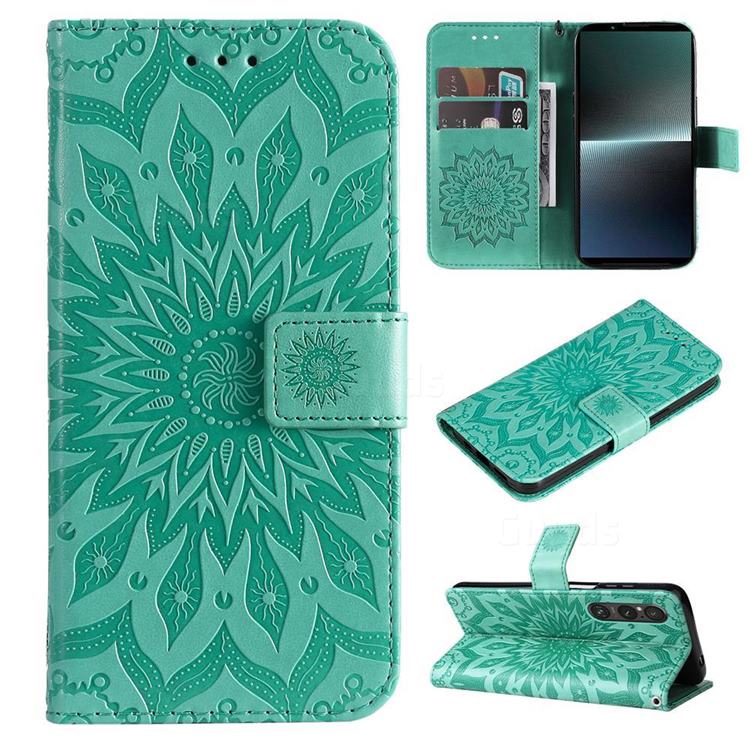 Embossing Sunflower Leather Wallet Case for Sony Xperia 1 V - Green