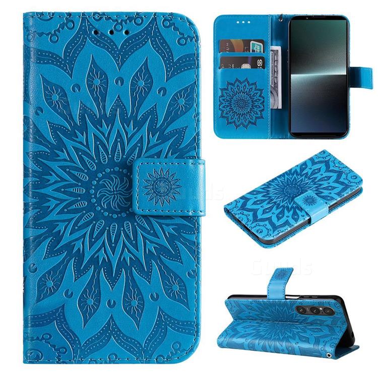 Embossing Sunflower Leather Wallet Case for Sony Xperia 1 V - Blue