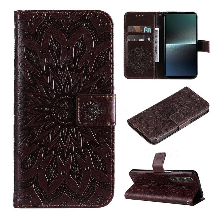 Embossing Sunflower Leather Wallet Case for Sony Xperia 1 V - Brown