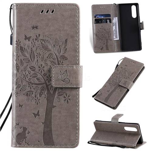 Embossing Butterfly Tree Leather Wallet Case for Sony Xperia 2 - Grey