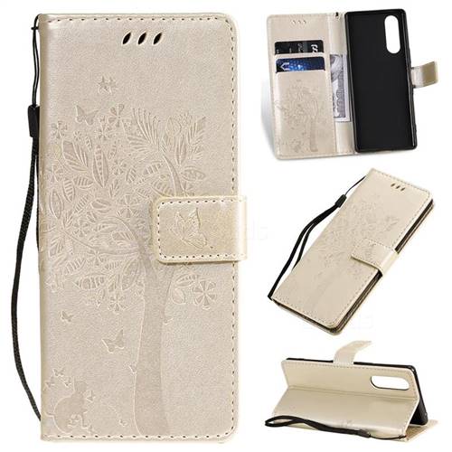 Embossing Butterfly Tree Leather Wallet Case for Sony Xperia 2 - Champagne