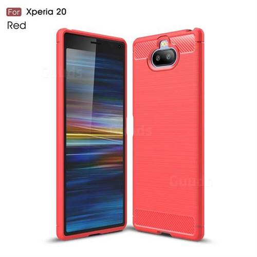 Luxury Carbon Fiber Brushed Wire Drawing Silicone TPU Back Cover for Sony Xperia 20 - Red
