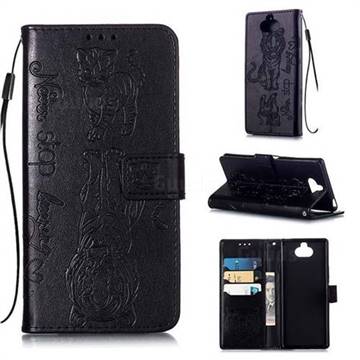 Embossing Tiger and Cat Leather Wallet Case for Sony Xperia 20 - Black