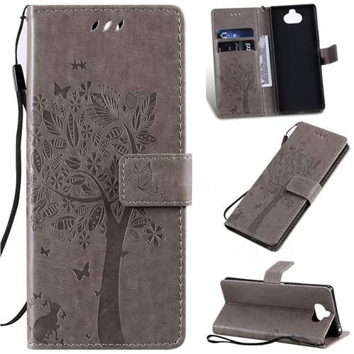 Embossing Butterfly Tree Leather Wallet Case for Sony Xperia 20 - Grey