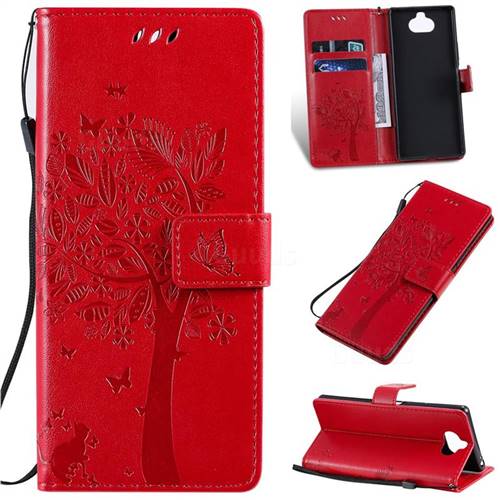 Embossing Butterfly Tree Leather Wallet Case for Sony Xperia 20 - Red