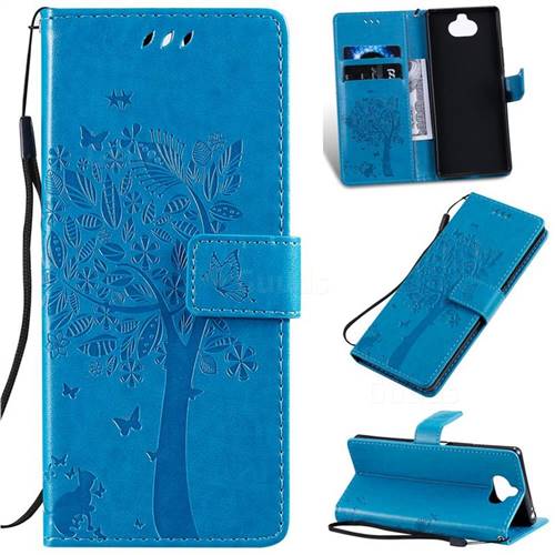 Embossing Butterfly Tree Leather Wallet Case for Sony Xperia 20 - Blue