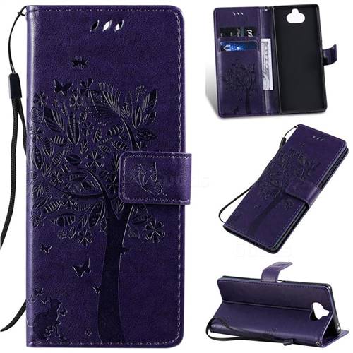 Embossing Butterfly Tree Leather Wallet Case for Sony Xperia 20 - Purple