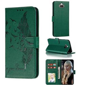 Intricate Embossing Lychee Feather Bird Leather Wallet Case for Sony Xperia 20 - Green