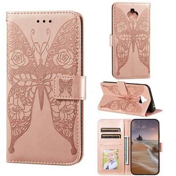 Intricate Embossing Rose Flower Butterfly Leather Wallet Case for Sony Xperia 20 - Rose Gold
