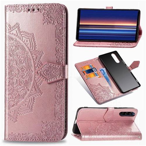 Embossing Imprint Mandala Flower Leather Wallet Case for Sony Xperia 5 - Rose Gold