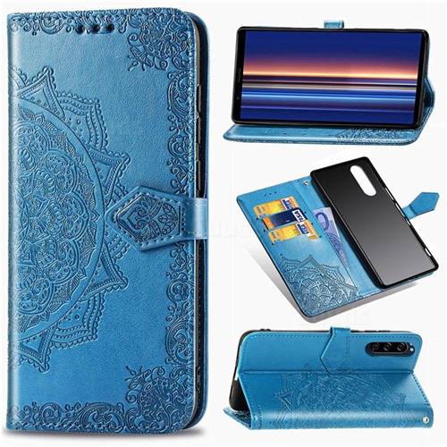 Embossing Imprint Mandala Flower Leather Wallet Case for Sony Xperia 5 - Blue