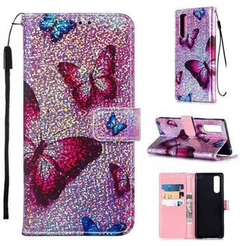 Blue Butterfly Sequins Painted Leather Wallet Case for Sony Xperia 5