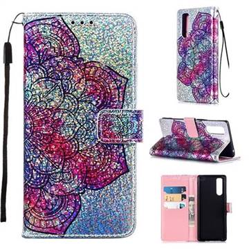 Glutinous Flower Sequins Painted Leather Wallet Case for Sony Xperia 5
