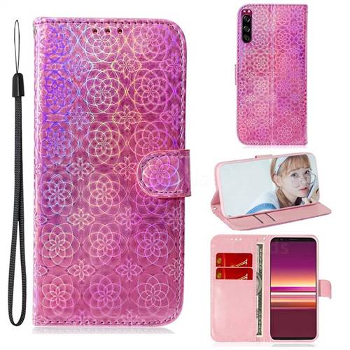 Laser Circle Shining Leather Wallet Phone Case for Sony Xperia 5 - Pink
