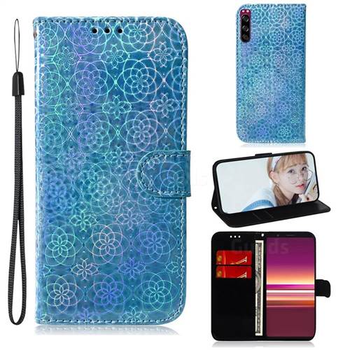 Laser Circle Shining Leather Wallet Phone Case for Sony Xperia 5 - Blue