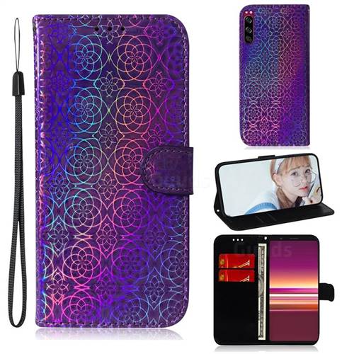 Laser Circle Shining Leather Wallet Phone Case for Sony Xperia 5 - Purple