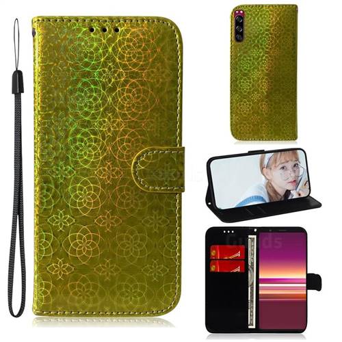 Laser Circle Shining Leather Wallet Phone Case for Sony Xperia 5 - Golden