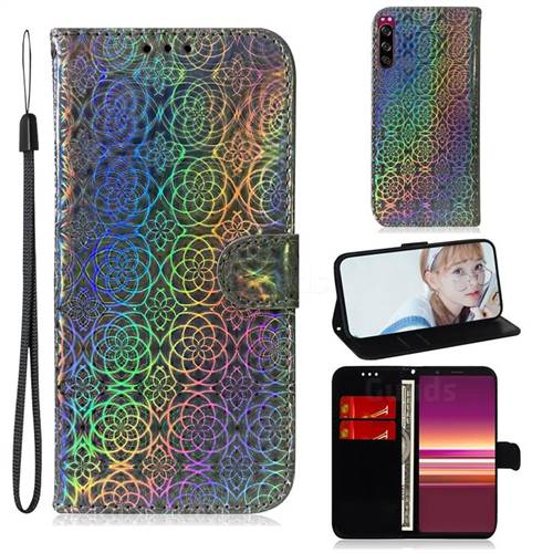 Laser Circle Shining Leather Wallet Phone Case for Sony Xperia 5 - Silver