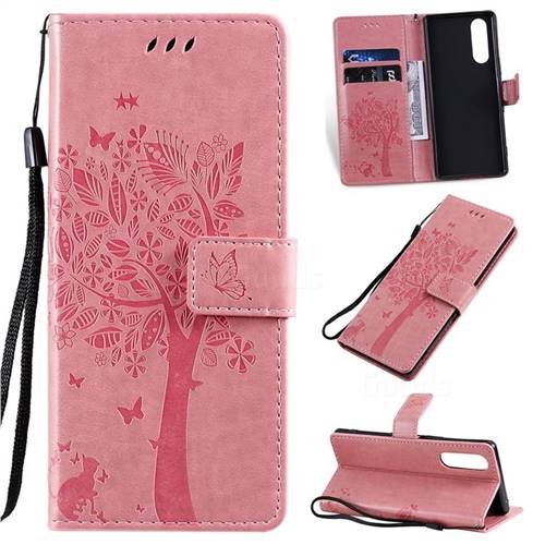 Embossing Butterfly Tree Leather Wallet Case for Sony Xperia 5 - Pink