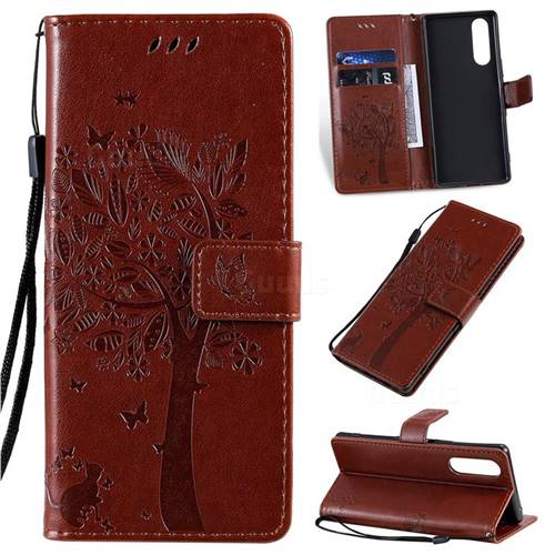 Embossing Butterfly Tree Leather Wallet Case for Sony Xperia 5 - Coffee